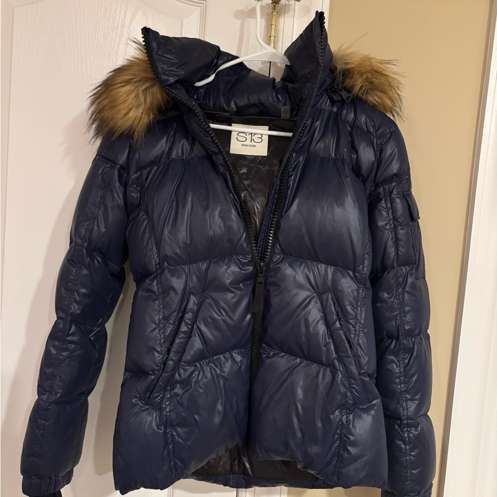 S13 Navy Puffer Jacket with Faux Fur Hood